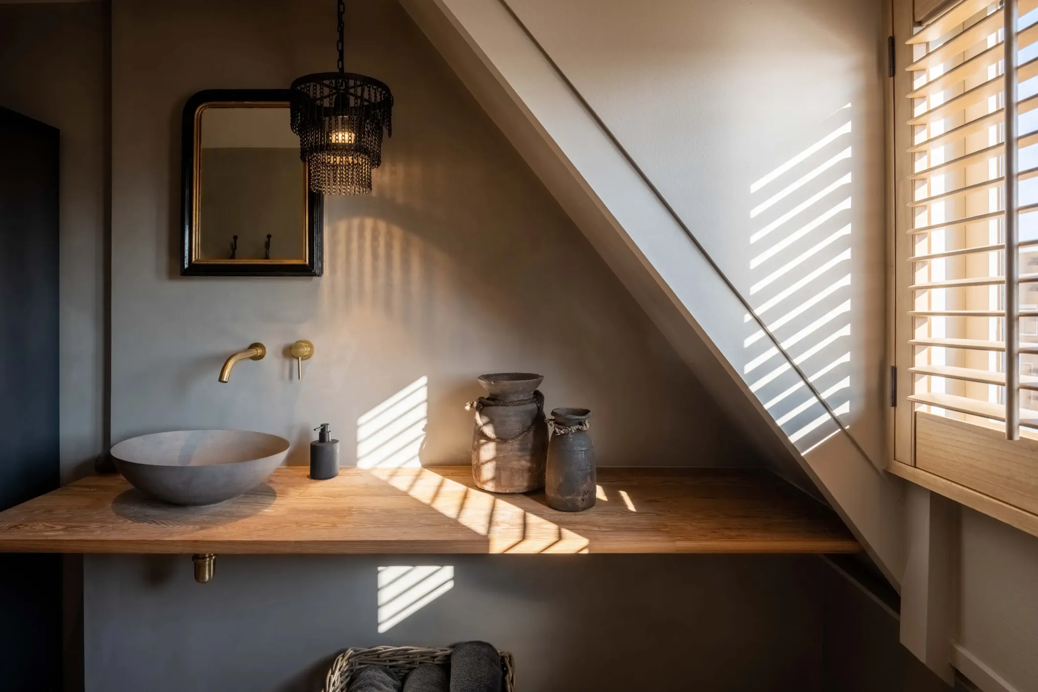 Interior photo of a bathroom with a bowl basin, gold taps and a mirror