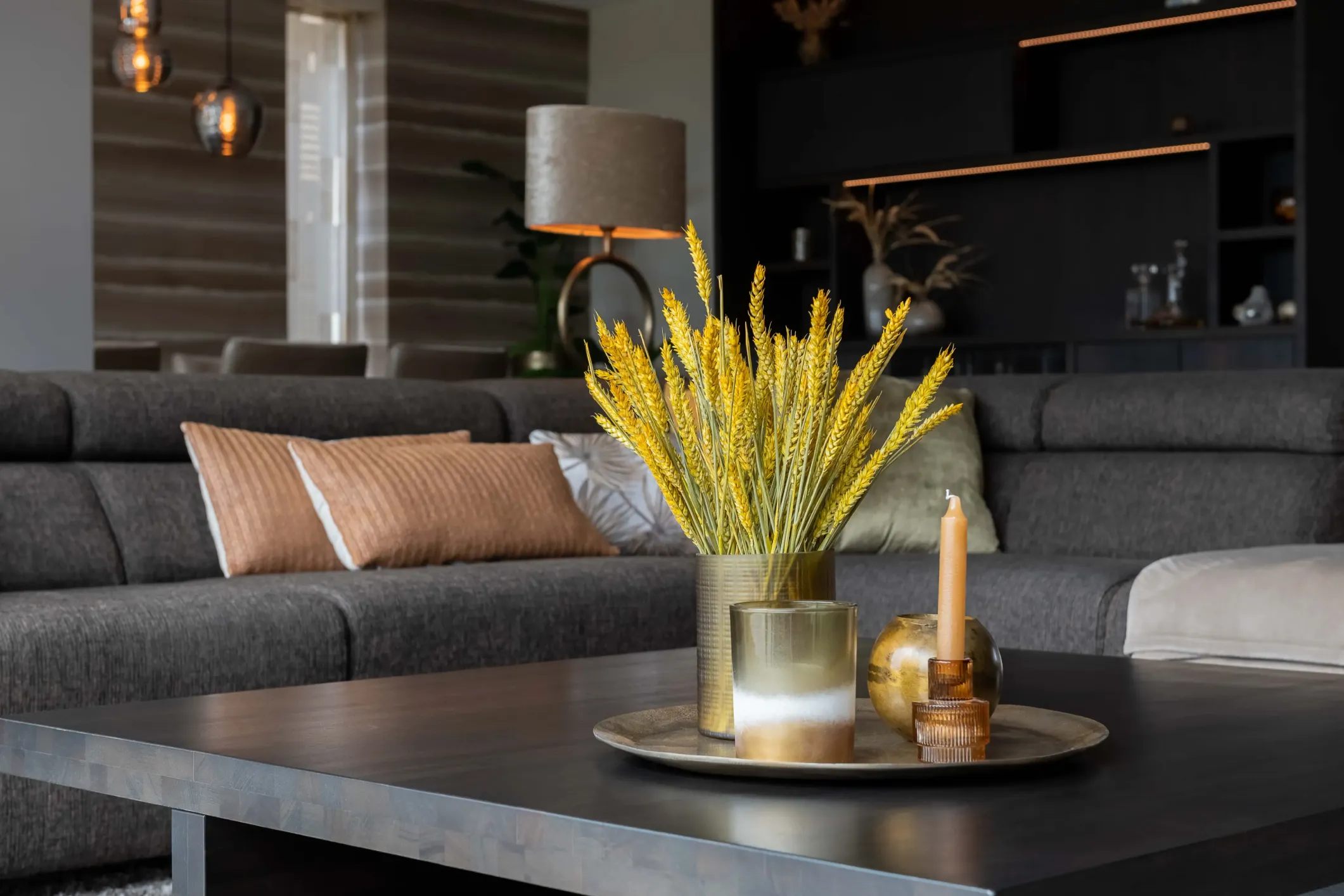 Interior photo of a living room with a coffee table and decorations